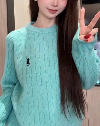 A474- Áo len thừng thêu gấu 2 màu xanh hồng hothit hàng nhà máy đủ tem