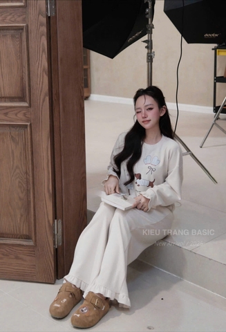 Set757- Bộ mặc nhà áo nỉ dài tay phối quần suông be