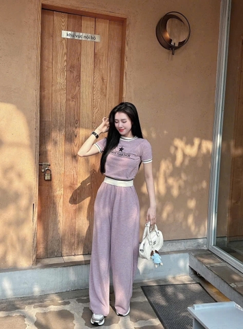 Set333- Set áo len lông thỏ cộc phối quần suông dài