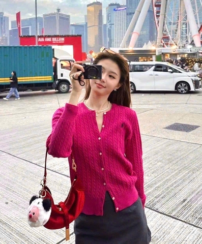 A487-Áo len cadigan thừng màu hồng Hot Hit hàng nhà máy đủ tem