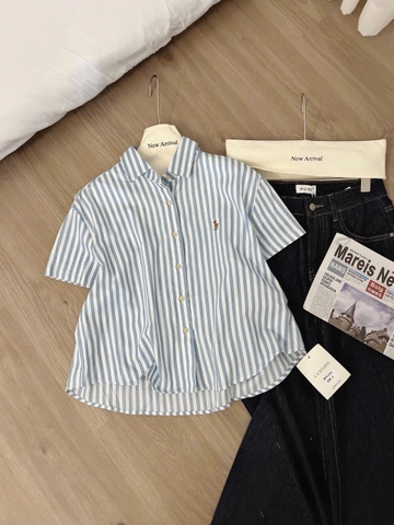 A213-Áo sơ mi cố đức kẻ VẠT BẦU THÊU NGỰA