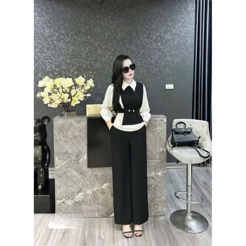 Set341- Set đồ nữ áo gile đai phối quần suông thanh lịch