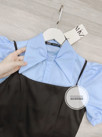 Set gồm váy đen yếm kèm sơ mi xanh trơn ( set rời)