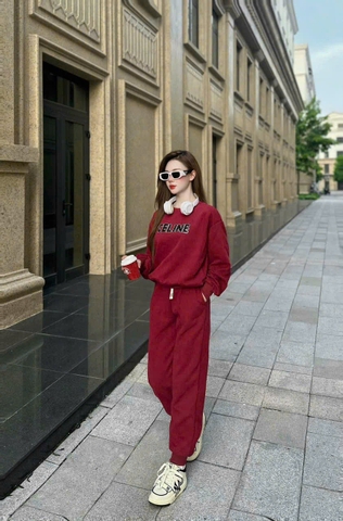 SET348-Set nỉ đỏ CE.NIN đính đá dài tay thu đông