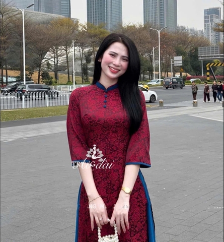 SET753- Bộ áo dài truyền thống gấm lụa xanh đỏ cúc tàu