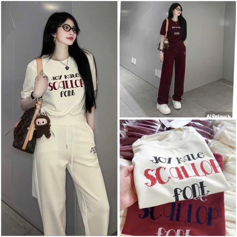 SET468- Set trắng đỏ JOY in thêu sắc nét áo bo chun mix quần suông