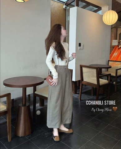 Quan090-Quần dạ nâu cạp chun dáng suông