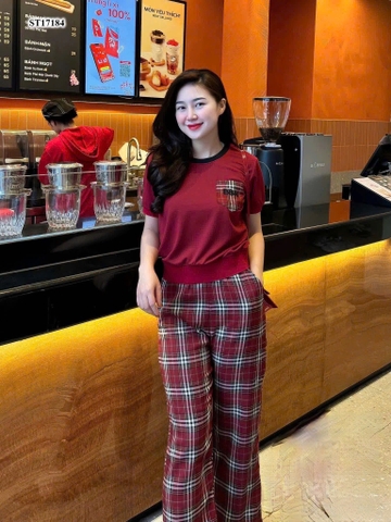 SET475_Set mặc nhà áo thun cotton phối quần kẻ ống rộng