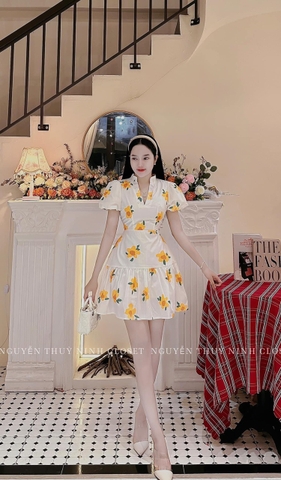 Đầm hoa cổ V xoè bèo 2 lớp
