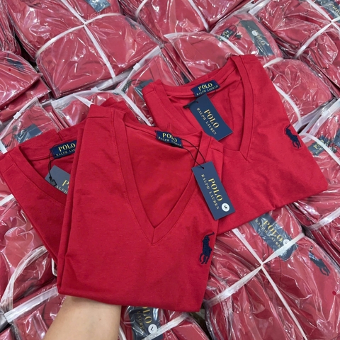 A513-Áo thun đỏ cộc tay cổ V thêu ngựa