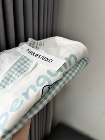 Set890- Bộ thun cotton mặc nhà sát nách phối quần short kẻ xanh