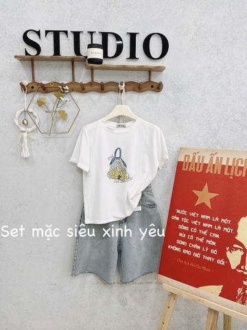 SET732- Set áo thun trắng in mèo phối quần jean lửng