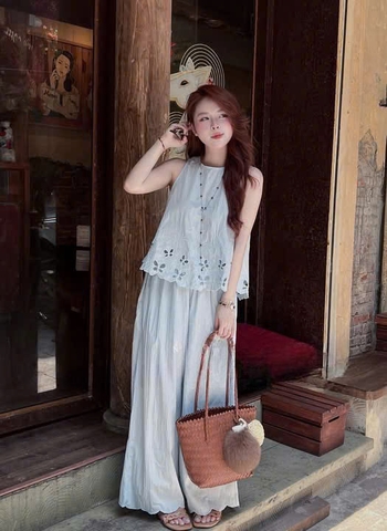 SET1013- Set áo đũi sát nách ren tỉa phối quần dài suông xanh