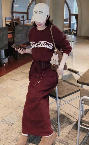 Set842- Bộ CV váy đỏ chữ xù chất nỉ hai da dáng dài