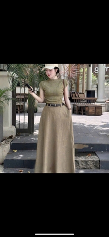 Set730- Set áo tăm nâu mix CV xoè dài tặng kèm