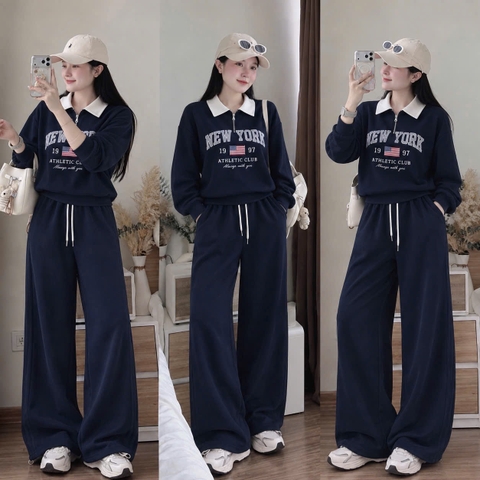 Set1062- Set nỉ haidan Ny xanh than phối quần suông dài