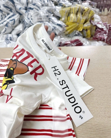 BT441- Bộ 2 áo cotton kẻ đỏ mix quần kaki đỏ