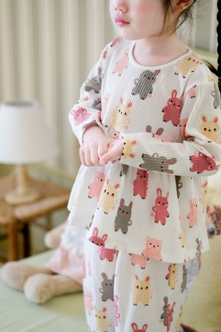 CbB165-Combo 2 bộ nỉ tăm dài tay bé gái Thỏ hồng VNXK