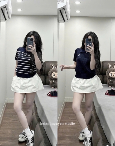 A376-Áo len cộc tay Quảng Châu cổ kẻ thêu gấu 5 màu