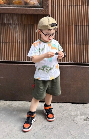 BT321- Bộ khủng long loanh trắng- mix quần cua xanh rêu vây