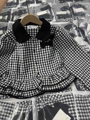 A401- Sơ mi kẻ đen dáng peplum chất thô mềm