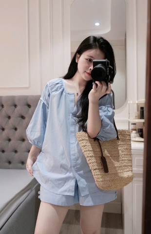 SET912-Set đũi linen màu xanh trơn áo tay lỡ bồng
