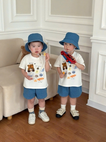 BT927-Bộ mũ vàng tròn GÁU BEAR trắng xanh quần chất mềm