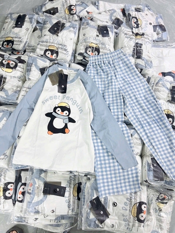 Set81- Set mặc nhà áo cotton chim cánh cụt phối quần suông kẻ