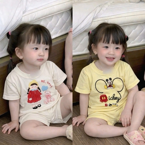 BT921-combo 2 bộ gái cotton dáng cộc in HI BEST vàng-trắng