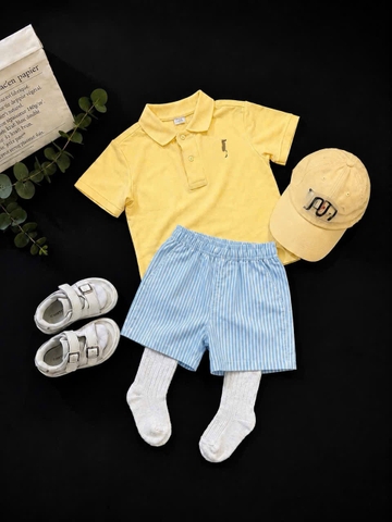 [KEM MU] BT976- Bộ polo vàng thêu logo kèm mũ quần kẻ xanh