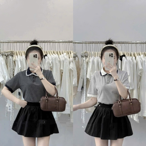 A352- Áo len kẻ mongtoghi mỏng cổ ren phối ren