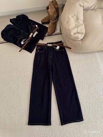 QUAN118- Quần JEANS suông đậm gấu bản to mác da