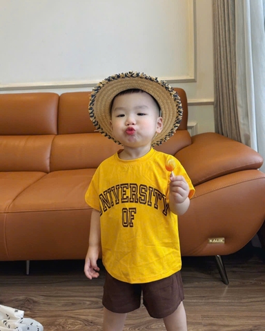 BT456- Bộ ao cotton Unive vàng mix quần cua màu nâu