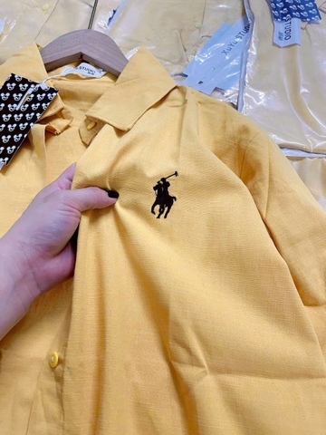 A311-Áo sơ mi dài tay đũi dáng suông màu vàng thêu ngựa
