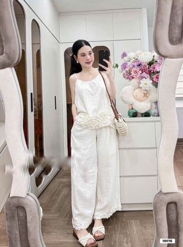 SET988- Set 2 dây bèo trắng phối quần suông vải lien mát