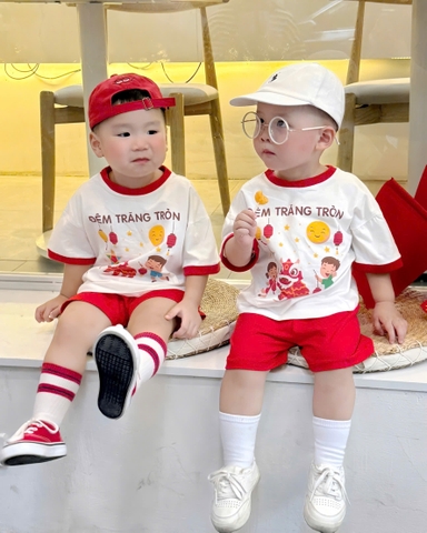 Bt620- Bộ trung thu kèm mũ lưỡi trai cotton trắng đỏ