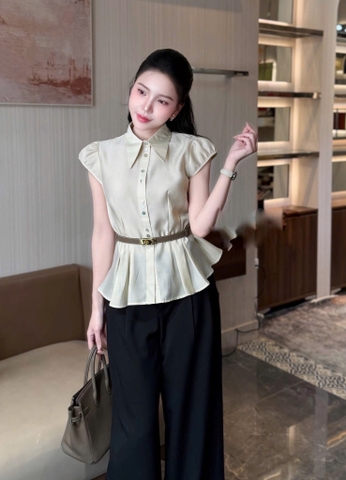 A647- Áo sơ mi cộc tay lụa tằm phối cúc ngọc