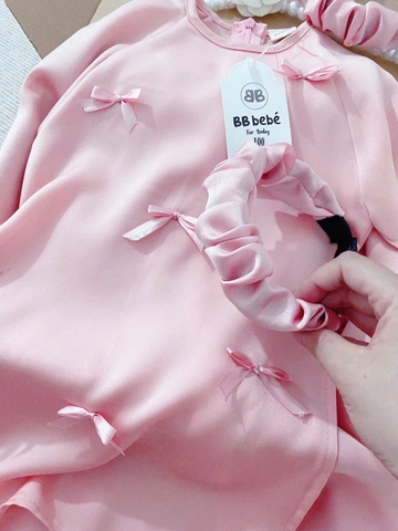 SETKID011-Se áo dài hòng đính nơ bé gái tặng kèm xược