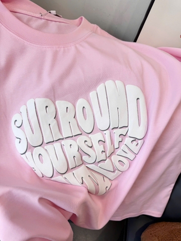 A492-Áo thun cộc tay hồng in chữ trắng nổi đủ tem hàng nhà máy