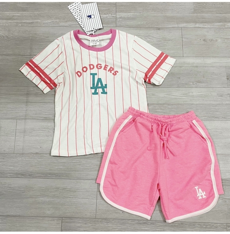 Bộ N.YY thể thao viền hồng logo thêu bé gái VNXK