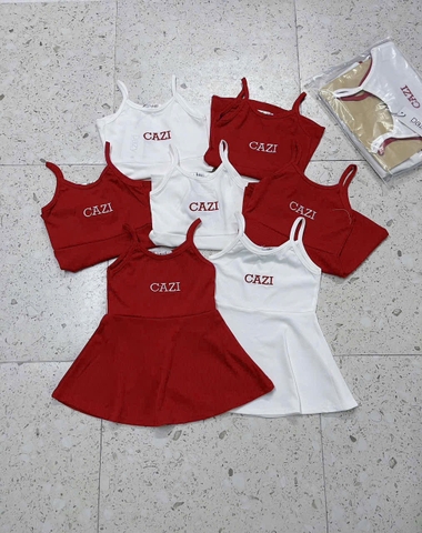 CB365- Combo 2 váy 2 dây bé gái Cazi trắng đỏ chất cotton mát