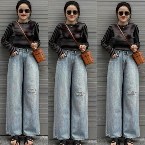 QUAN015-QUẦN JEANS SUÔNG RÁCH 1 BÊN MÀU NHẠT