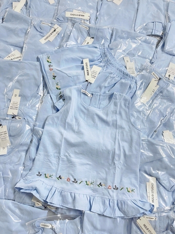 SET1021-Set áo sát nách xanh thêu phối quần short
