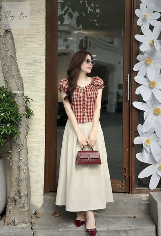 Set717-Set áo kẻ đỏ trễ vai phối quần ống suông