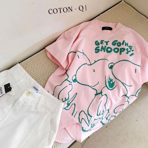 A578-Áo thun suông hồng in Snopy xanh đủ tem