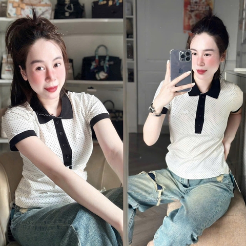 a251- Áo polo chấm bi cổ đen chất đẹp full tem