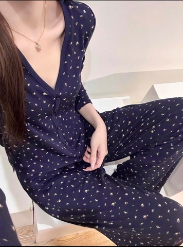 Sey1055-Set mặc nhà áo dài tăm hoa xanh than phối quần suông