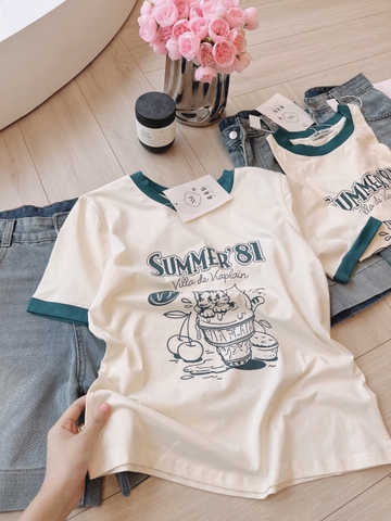 Set600- Set áo thun suông bo viền phối quần short jean