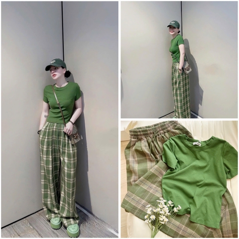 ☘️SET591-  SET KẺ QUẦN  SUONG 2 LI XANH RÊU 🌿