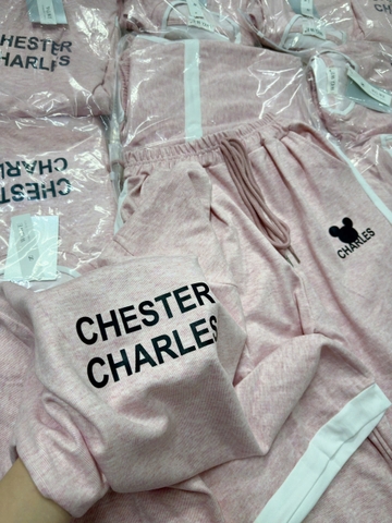 SET479-SEt bộ tăm nhung màu hồng chữ in phối viền trắng quần suông